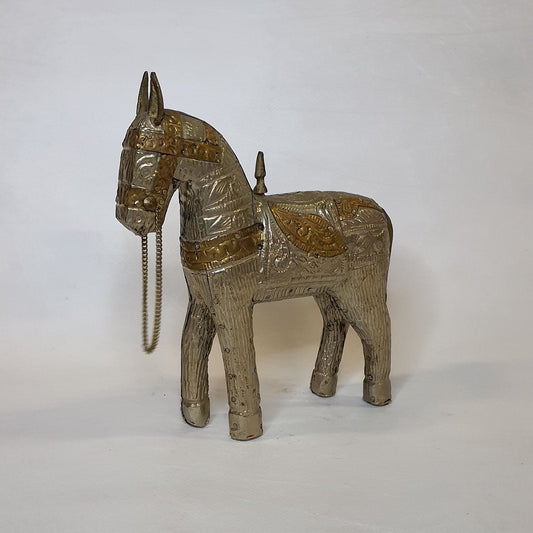 Wooden horse decorative figure from India – brass/copper fittings, 15 cm