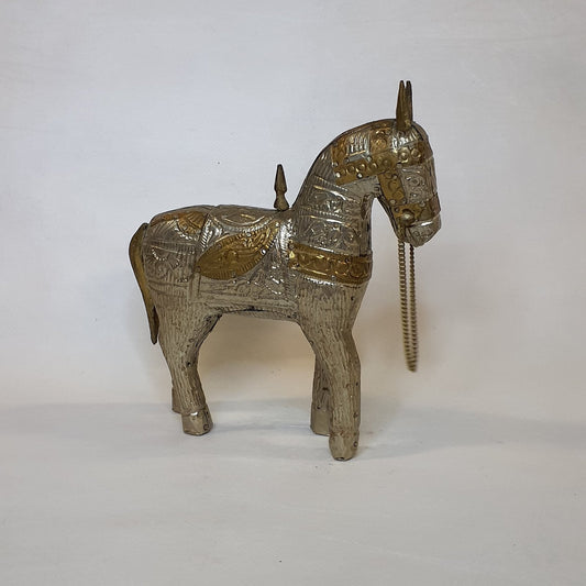 Wooden horse decorative figure from India – brass/copper fittings, 15 cm