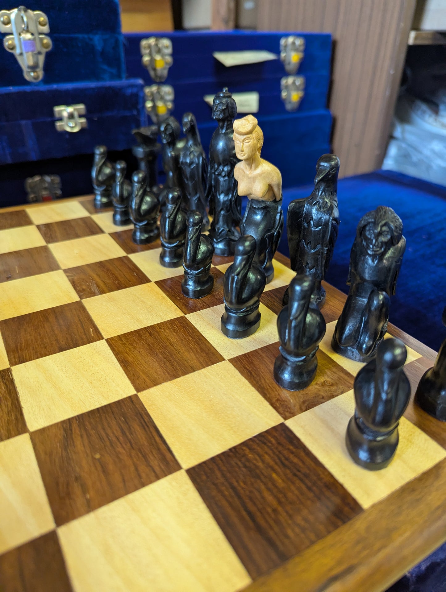 Luxury chess set made of precious wood: Inhabitants of the sea and the land