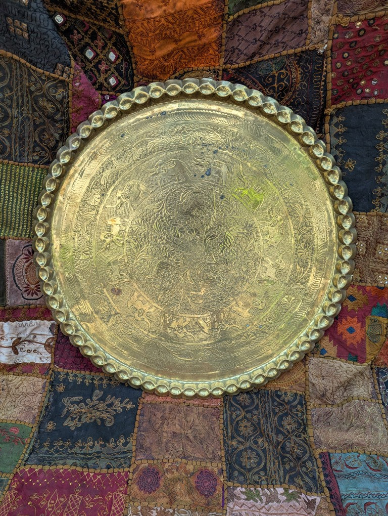 Exotic brass plate with elephant motif: Hand-hammered on a carved teak wood frame