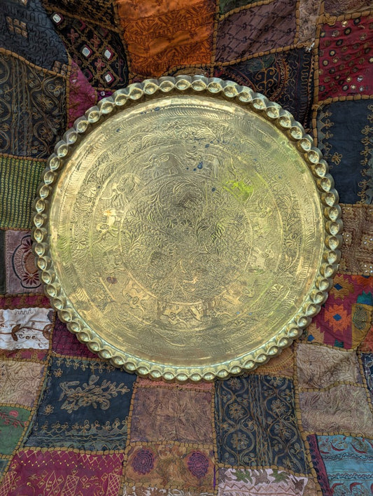 Exotic brass plate with elephant motif: Hand-hammered on a carved teak wood frame