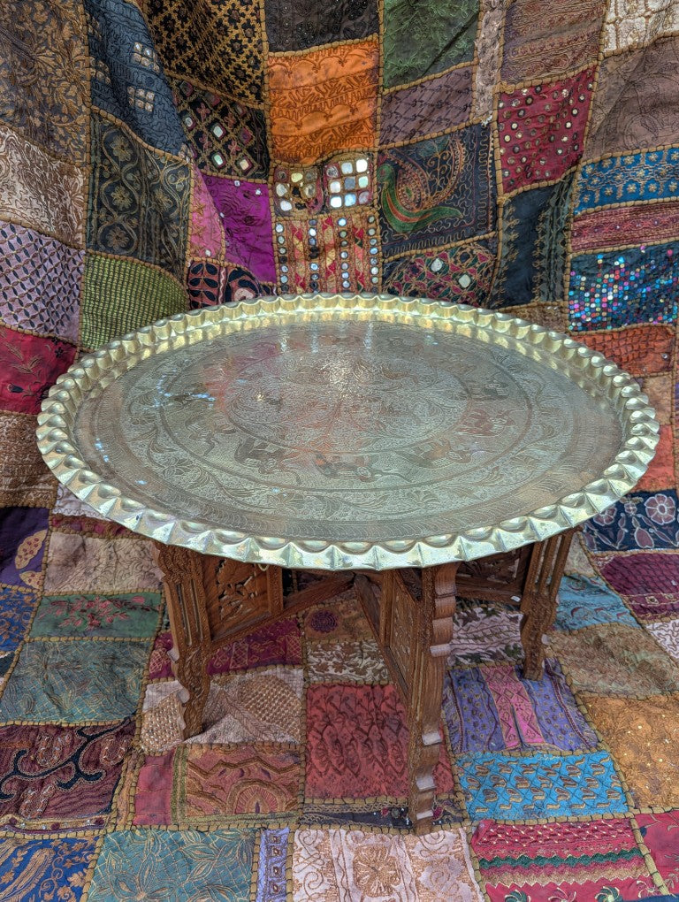 Exotic brass plate with elephant motif: Hand-hammered on a carved teak wood frame