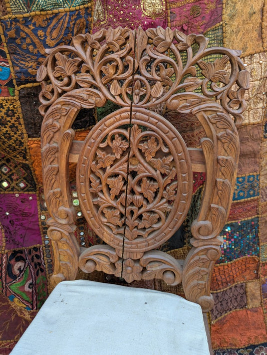 Hand-carved Oriental chair: Floral teak wood design – Reduced price, unique piece